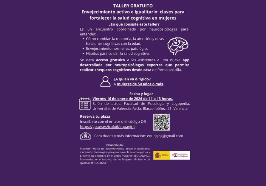 Imagen del evento:Taller gratuito | Envejecimiento activo y salud cognitiva en mujeres (50+)